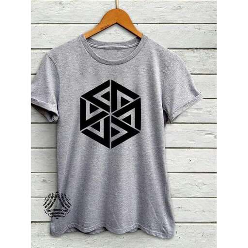 black geometric geometric design on a gray t - shirt