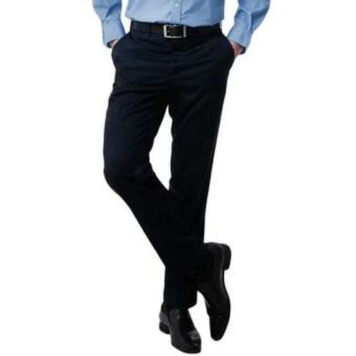 a man in a blue shirt and black pants