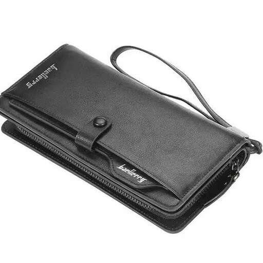 a black leather wallet with a strap on it.