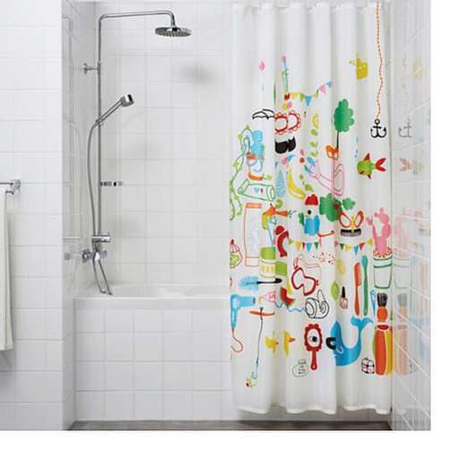 a shower curtain with colorful cartoon characters on it.