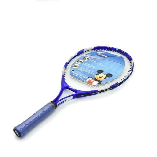 a blue and white tennis racket with a picture of a bird on it.