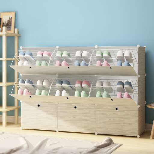 a large wooden shelf with a blue wall.