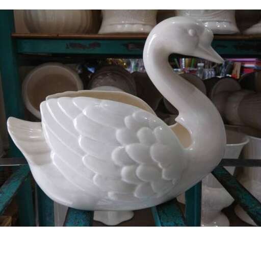 a large white swan with a white swan in it's mouth.
