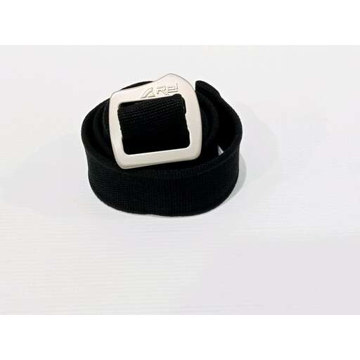 a black leather bracelet with a white band.