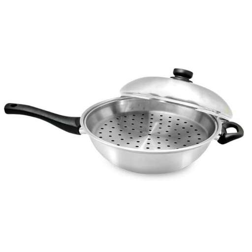a classic, classic, hand - crafted stainless steel pan with a black handle.