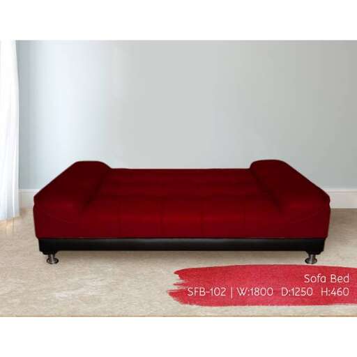a red couch with a black base and a red cushion.