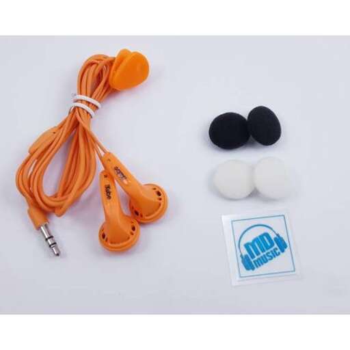 a set of orange ear buds and a white object.