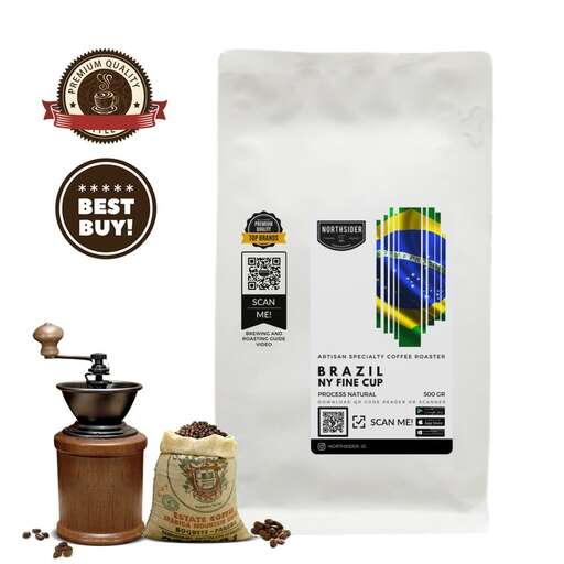 a white bag with a black label and a coffee pot on a white background.