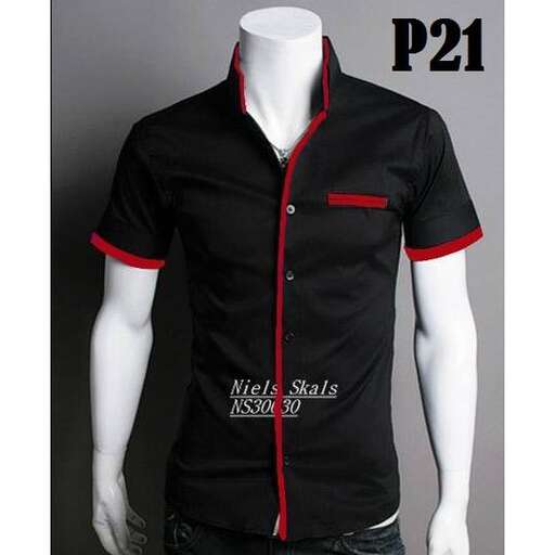 black polo shirt with red trim and a black and white stripe.