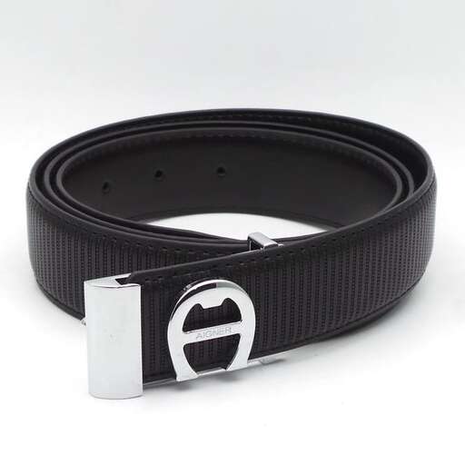 the black leather belt with the logo on it.