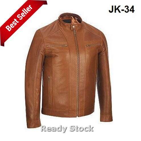 a brown leather jacket with a zipper.