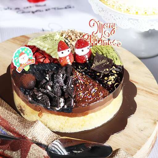 a cake with chocolate frosting and a cup of coffee.