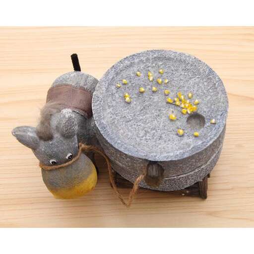 a rabbit and a bowl of corn on a table in the garden.