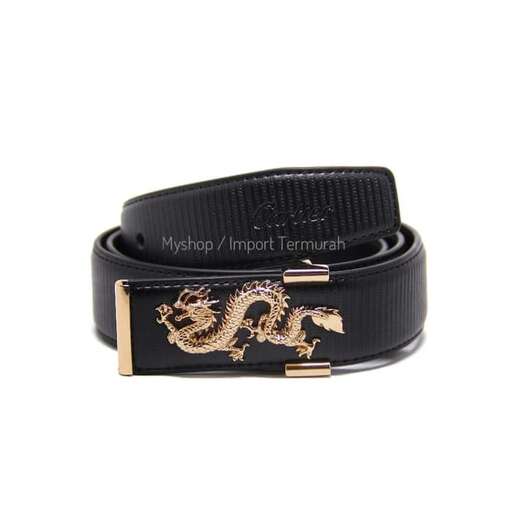black leather belt with a gold dragon on the front