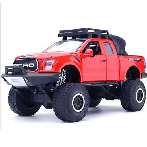 a red truck with a black roof on top.