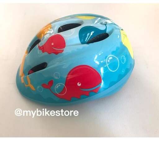 a blue plastic helmet with a red fish on it.