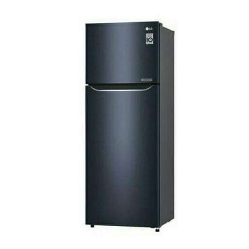 a black refrigerator with a black base and a white background