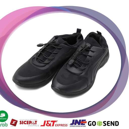 black men's black leather shoes with a pink and purple background.