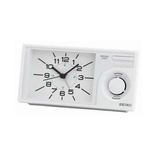 a clock that is white with black numbers.