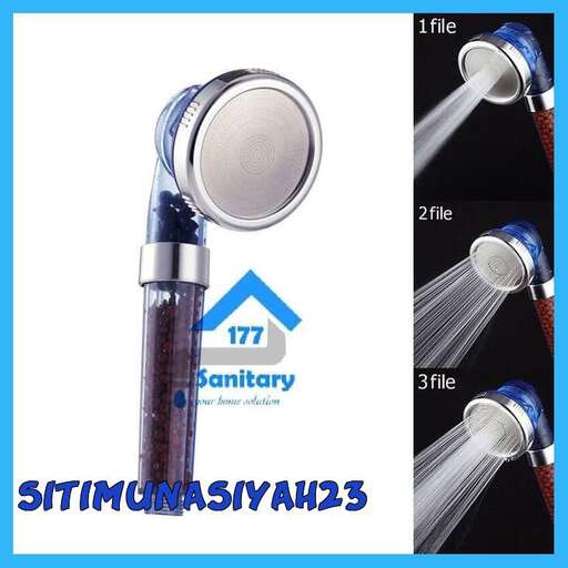 a blue and silver shower head with a blue handle.