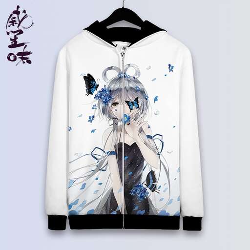 a white long sleeved shirt with a blue anime character on the front and a black dress on the front.