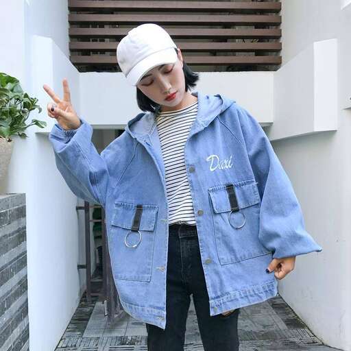 a denim jacket with a white hat and denim jacket.