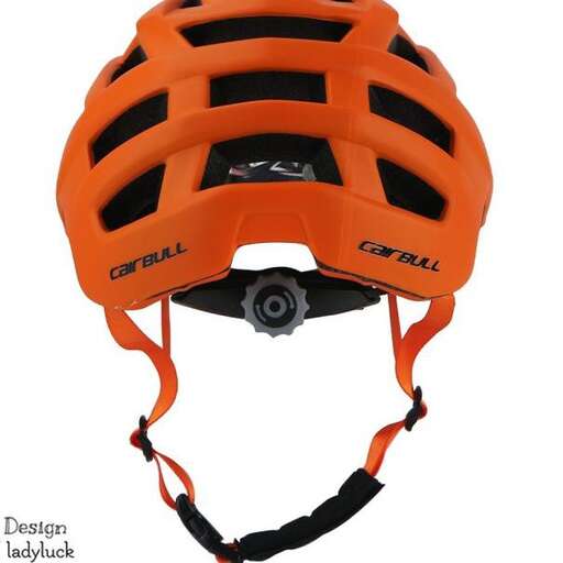 orange and black helmet with a strap