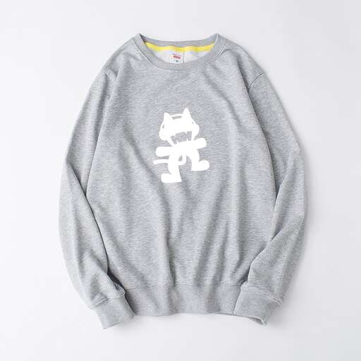 a gray sweater with a white cat on the front and a yellow collar