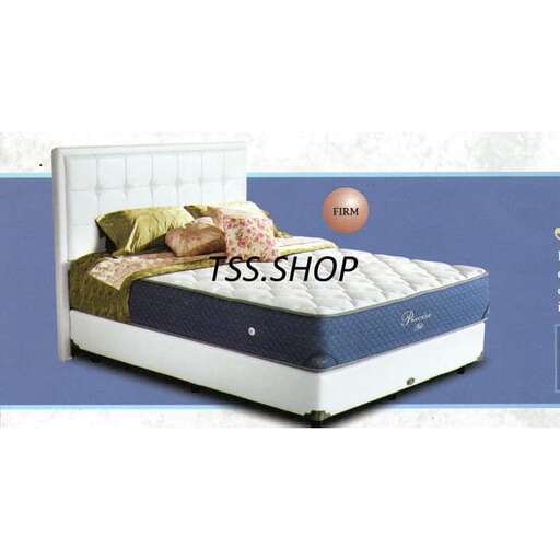 a blue bed with a white frame and a blue background