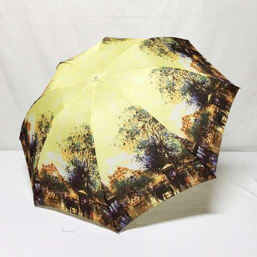 a yellow umbrella with a picture of a city in the background.