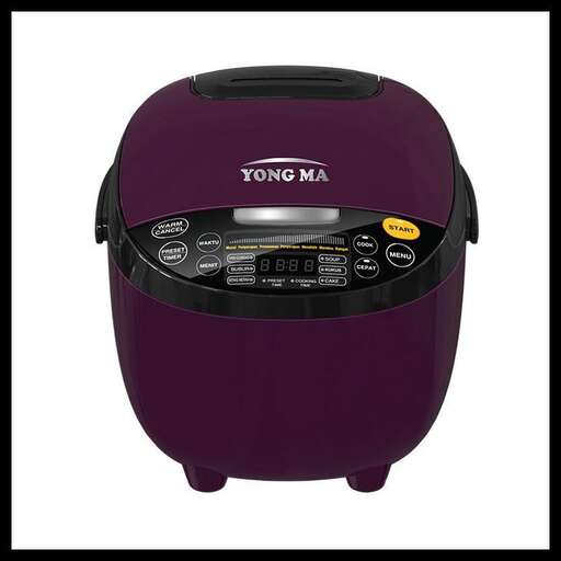 a purple crock pot with a black base.
