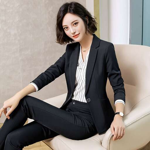 a woman in a suit sitting on a chair