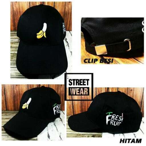 a black hat with a banana on it.