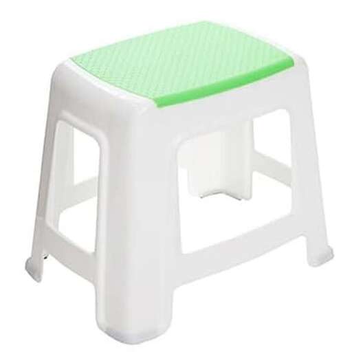this stool is made from recycled plastic and has a green seat.