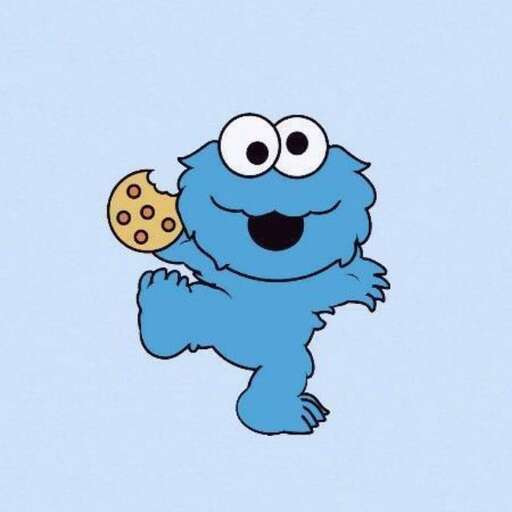 a cartoon of a blue monster with a cookie in his mouth.
