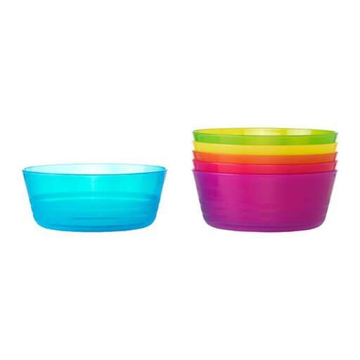 a set of bowls with a colorful rim.