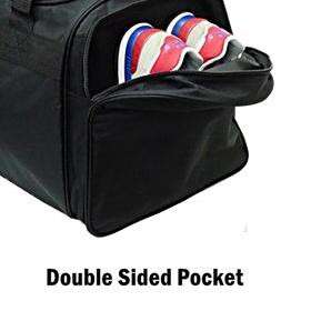 a small pocket full of red and blue striped socks.