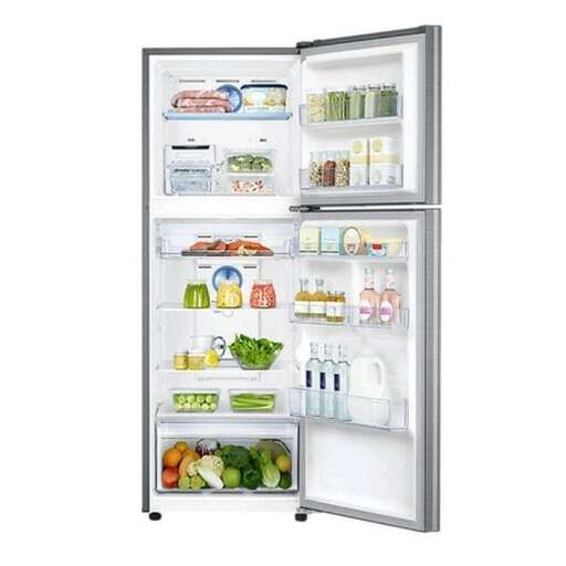 an open refrigerator door with a lot of food inside.