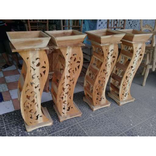 wooden table with carved wooden pieces.