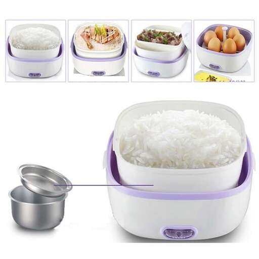 a white and purple container with rice inside of it.