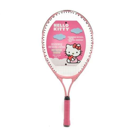 a pink tennis racket with a cute hello kitty on it.