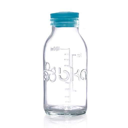 a clear water bottle with a blue lid.