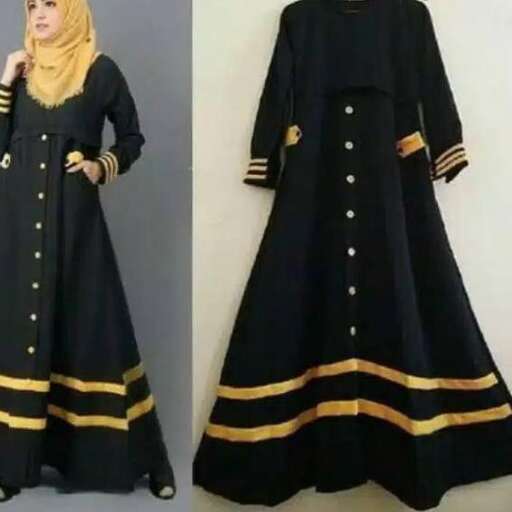 black dress with gold stripes and a black and white stripe