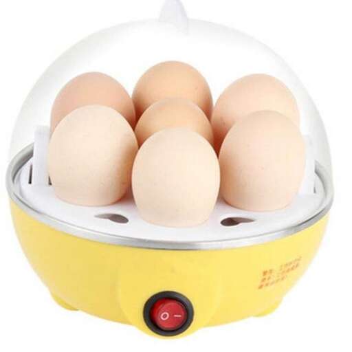 a yellow and white blender with eggs.