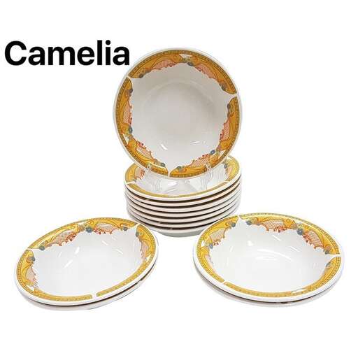 a set of plates with a gold border.