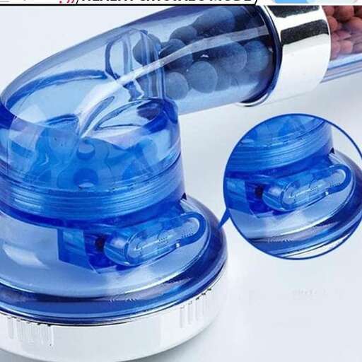 a blue plastic bottle with a black handle.