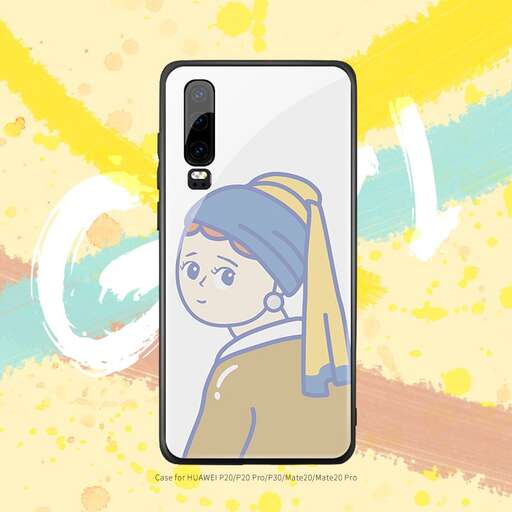 a cartoon of a girl in a white dress on a phone.
