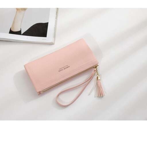 the bag is a beautiful pink leather wallet with a zipper.