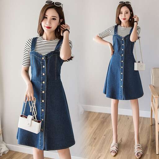 denim dress with a striped top and white sandals