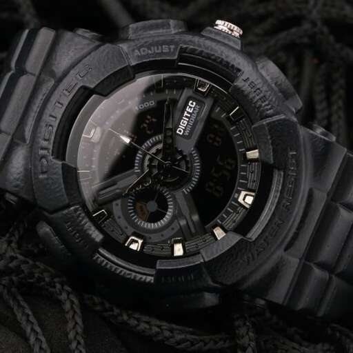 the watch is made of black leather.